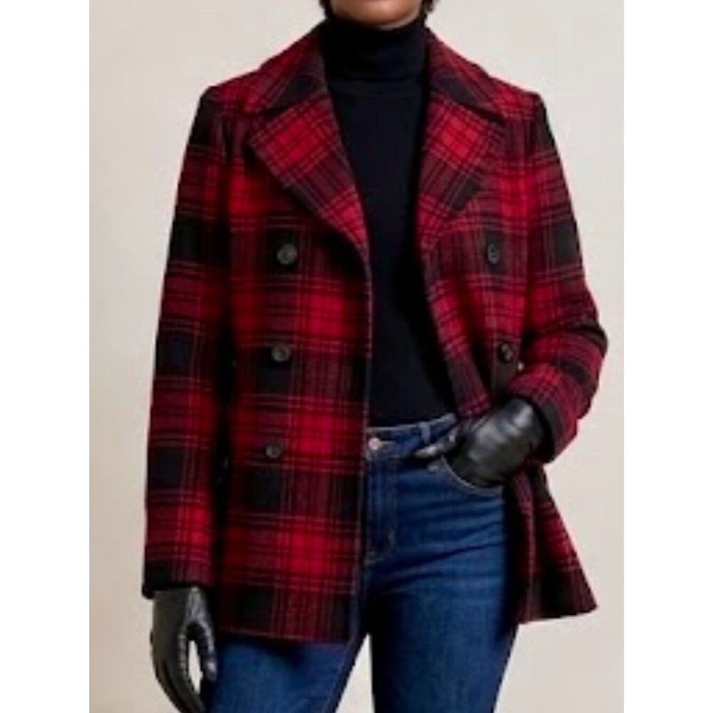 Style & Co. Double Breasted Wool-Blend Plaid Peacoat Jacket Size Large